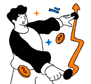 Illustration of a man with an orange upward arrow and two coins with dollar signs surrounded by small blue and orange stars. - CDP Images