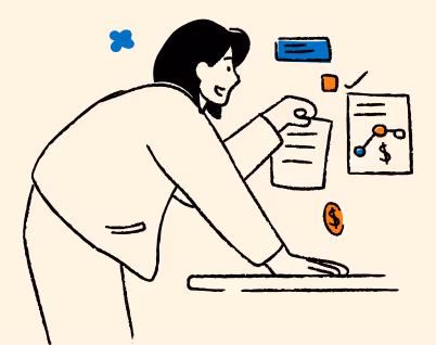 Illustration of a person leaning on a table holding a document with charts and dollar signs around. - CDP Images