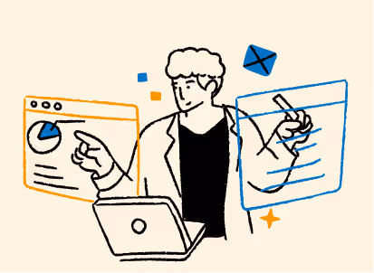 Illustration of a person working on a laptop with floating charts and documents around them. - CDP Images