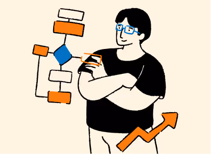 Illustration of a person with glasses standing with arms crossed next to a flowchart and an upward arrow graph. - CDP Images