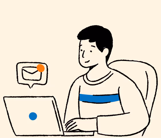 Illustration of a person sitting at a desk using a laptop with a notification icon showing an envelope. - CDP Images