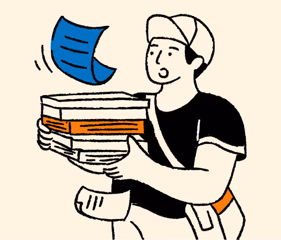 Illustration of a person in a cap carrying stacked books and papers, with one blue sheet flying above the stack. - CDP Images