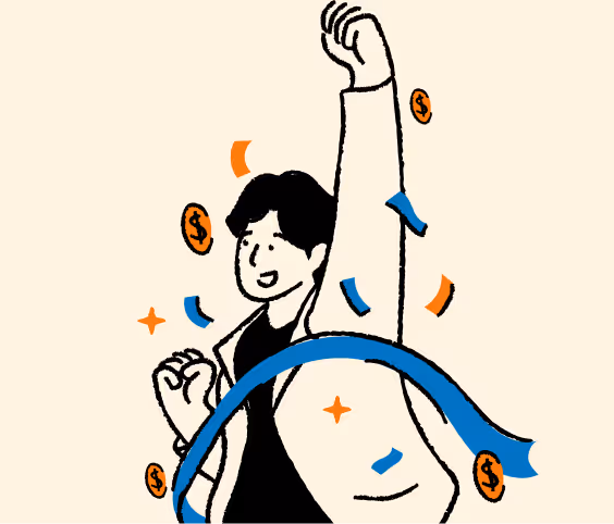 Illustration of a person raising one arm in celebration with dollar coins and confetti around them. - CDP Images