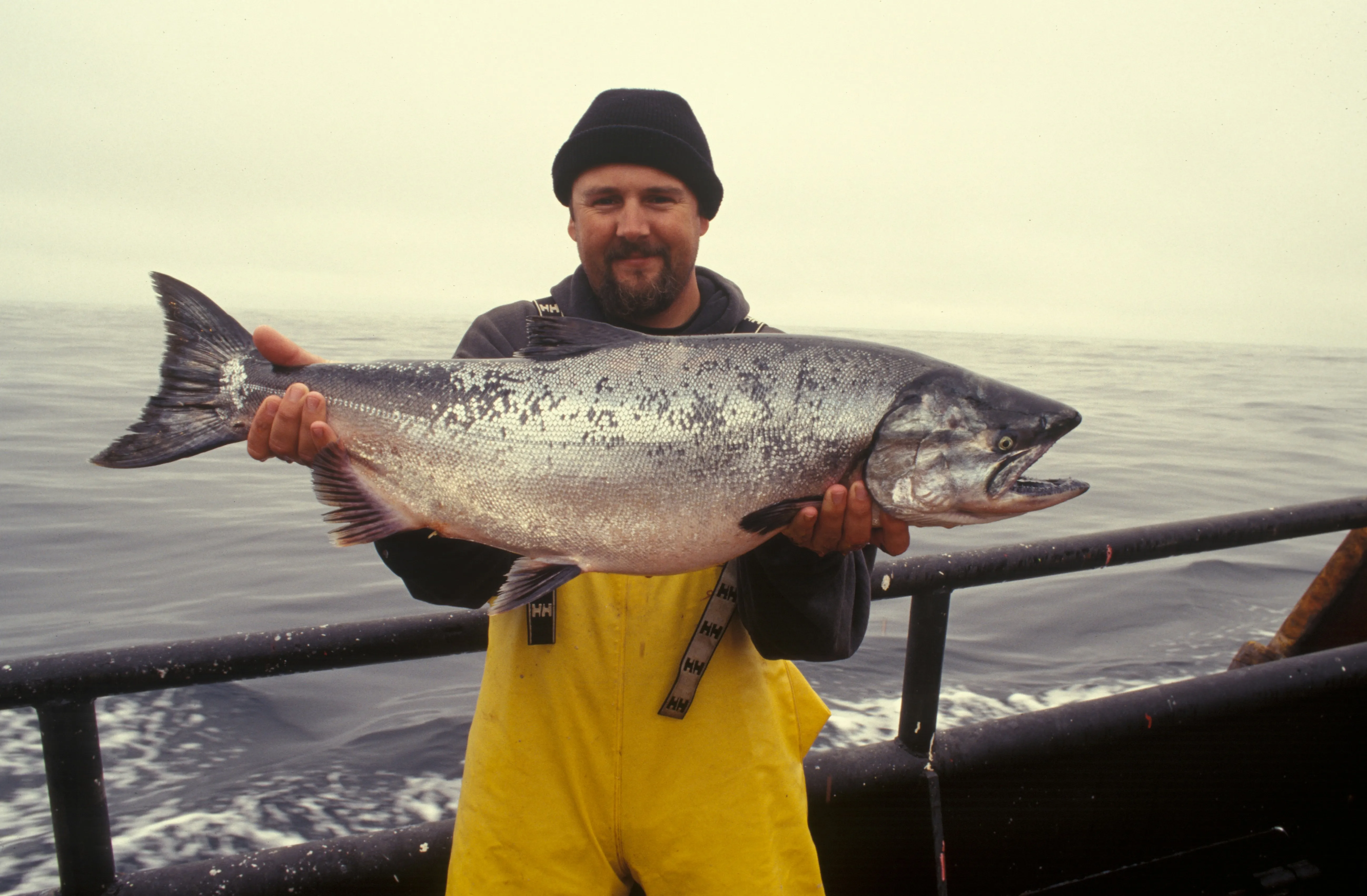 Fisherman holding a freshly caught albacore tuna on the boat with open ocean in the background.