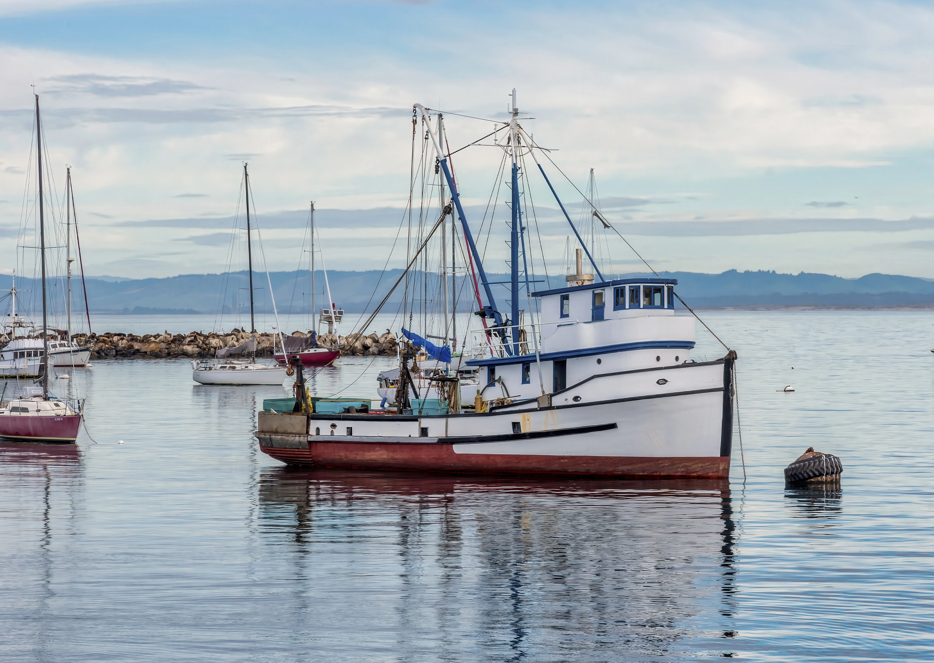 Commercial fishing boat docked in calm harbor waters with masts and shoreline in the background.