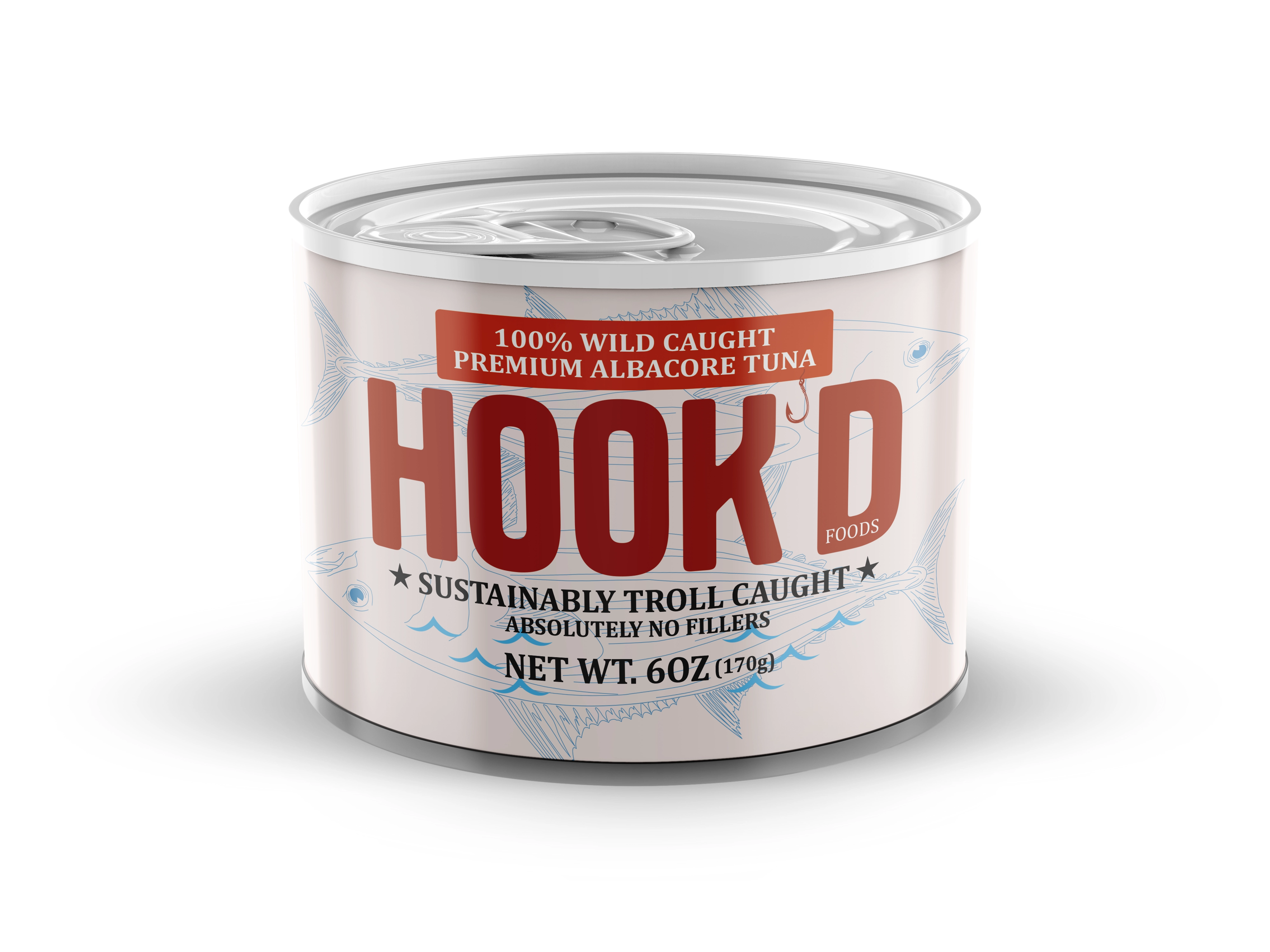 Hookd wild-caught albacore tuna can showing sustainably troll-caught labeling and 7.5 oz net weight.