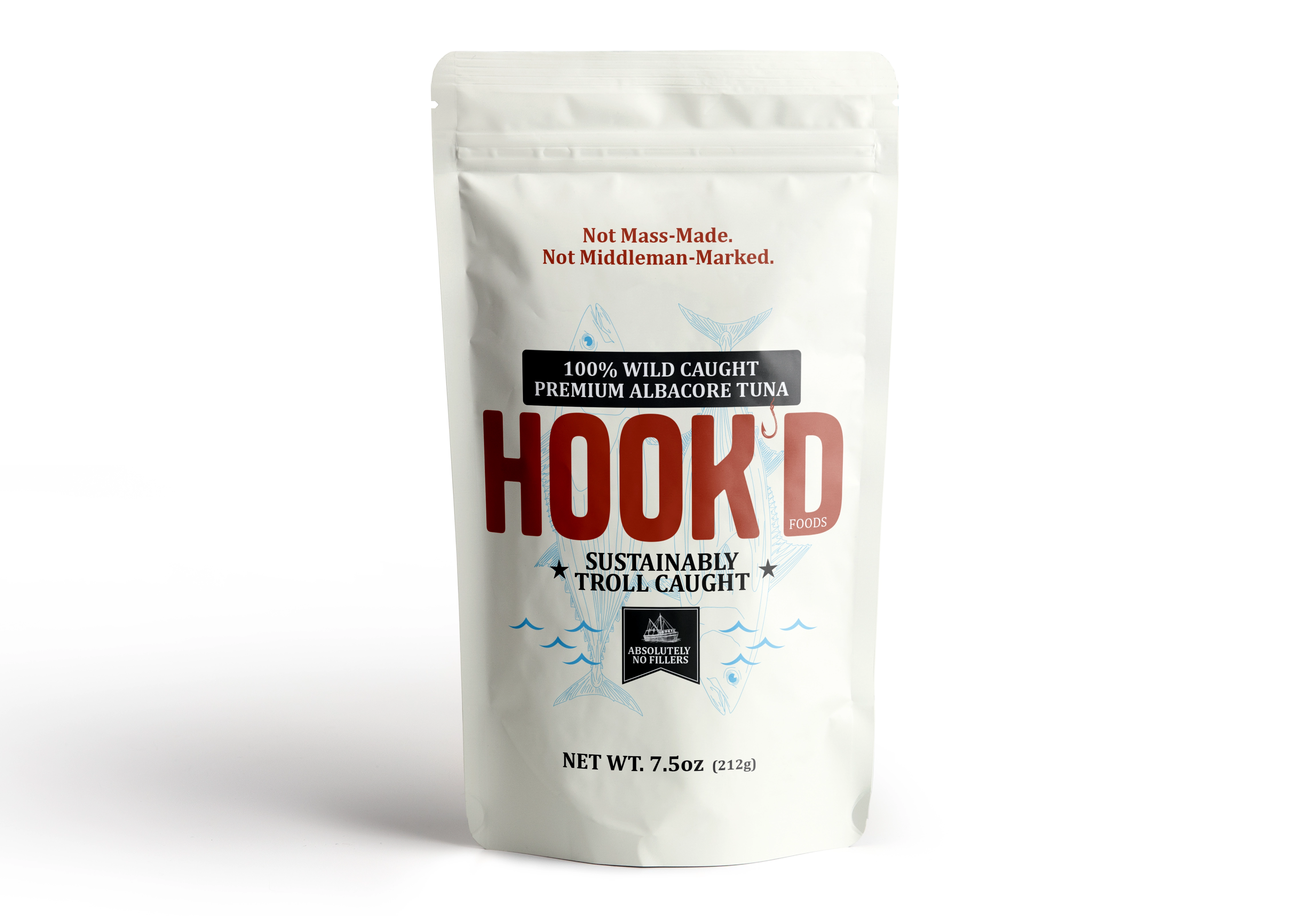 Hookd wild-caught albacore tuna can showing sustainably troll-caught labeling and 7.5 oz net weight.