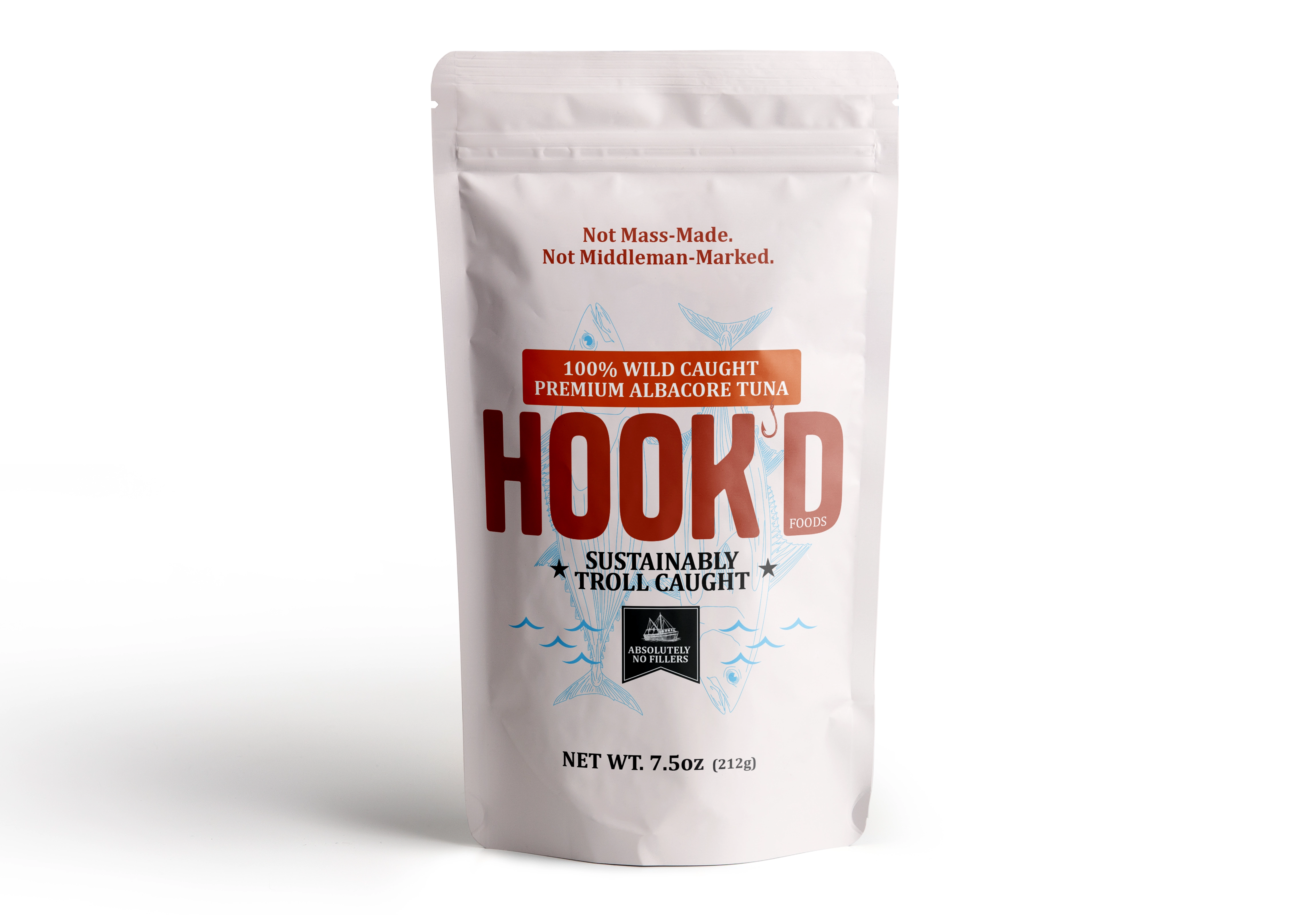 Hookd wild-caught albacore tuna can showing sustainably troll-caught labeling and 7.5 oz net weight.