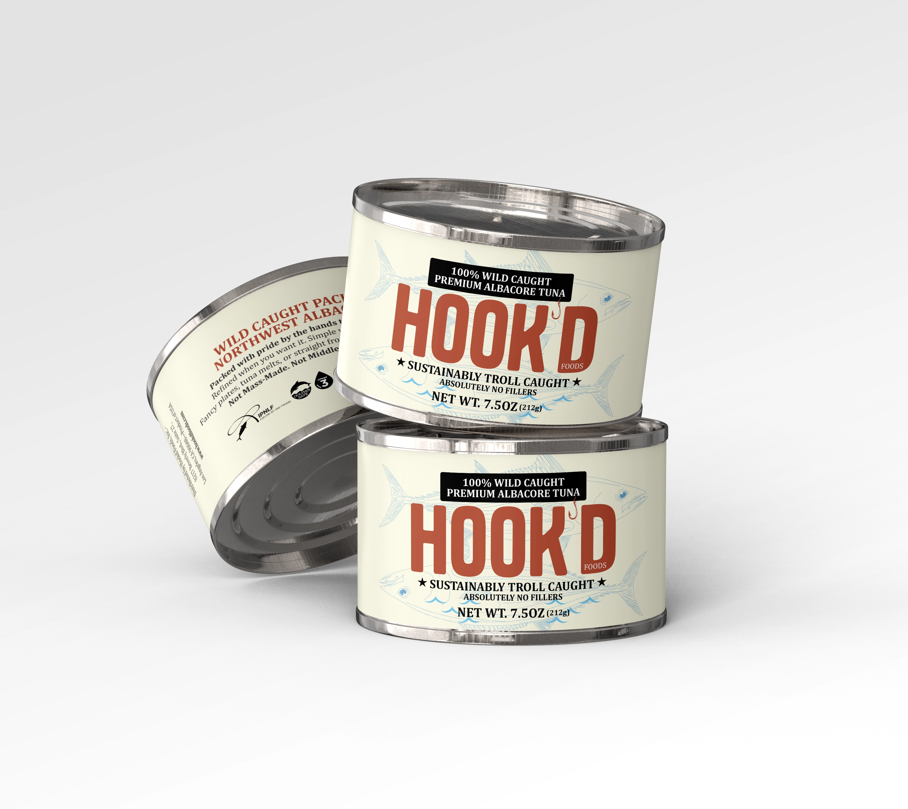Hook'd wild caught albacore tuna can showing sustainably troll-caught labeling and 7.5 oz net weight.