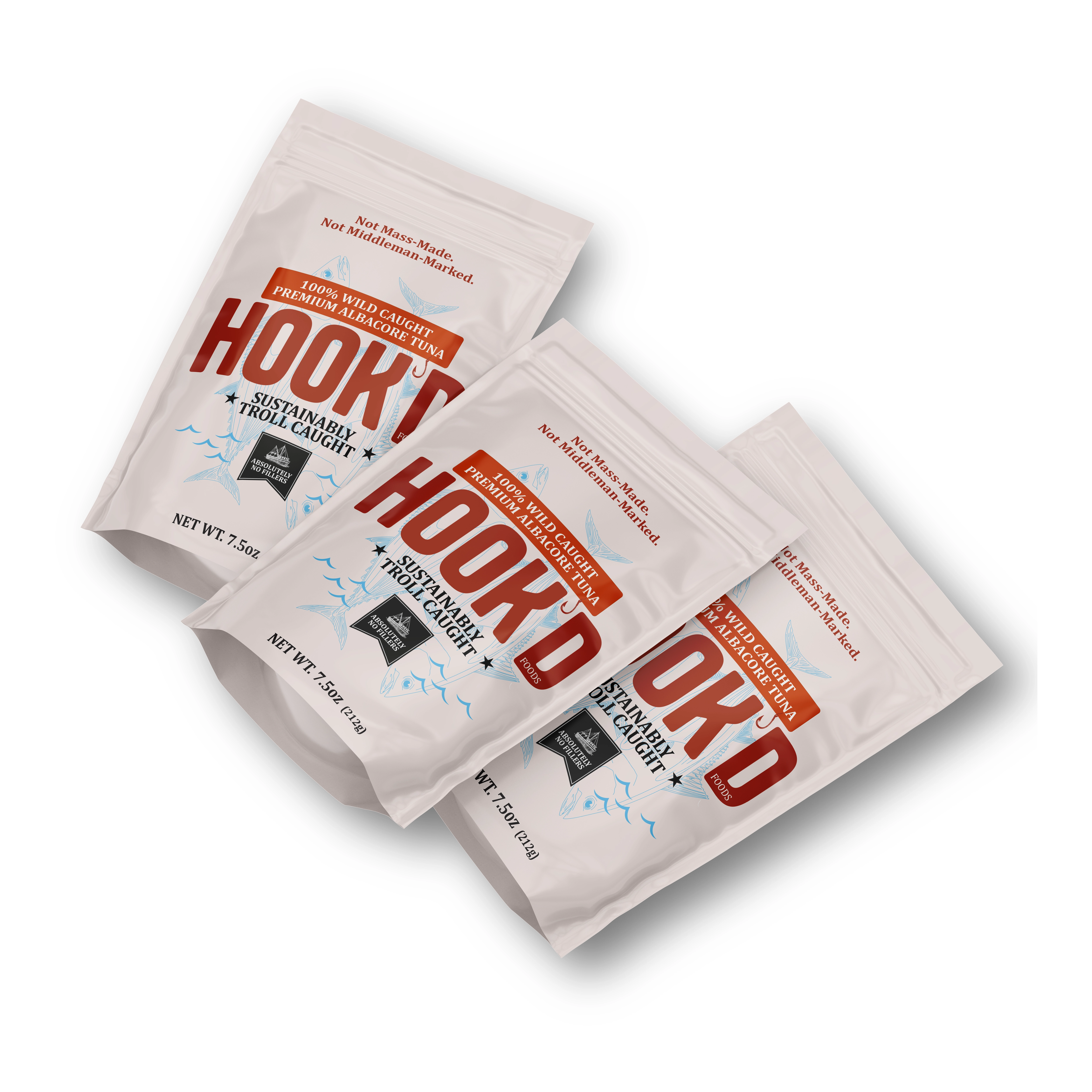 Hook'd wild caught albacore tuna can showing sustainably troll-caught labeling and 7.5 oz net weight.