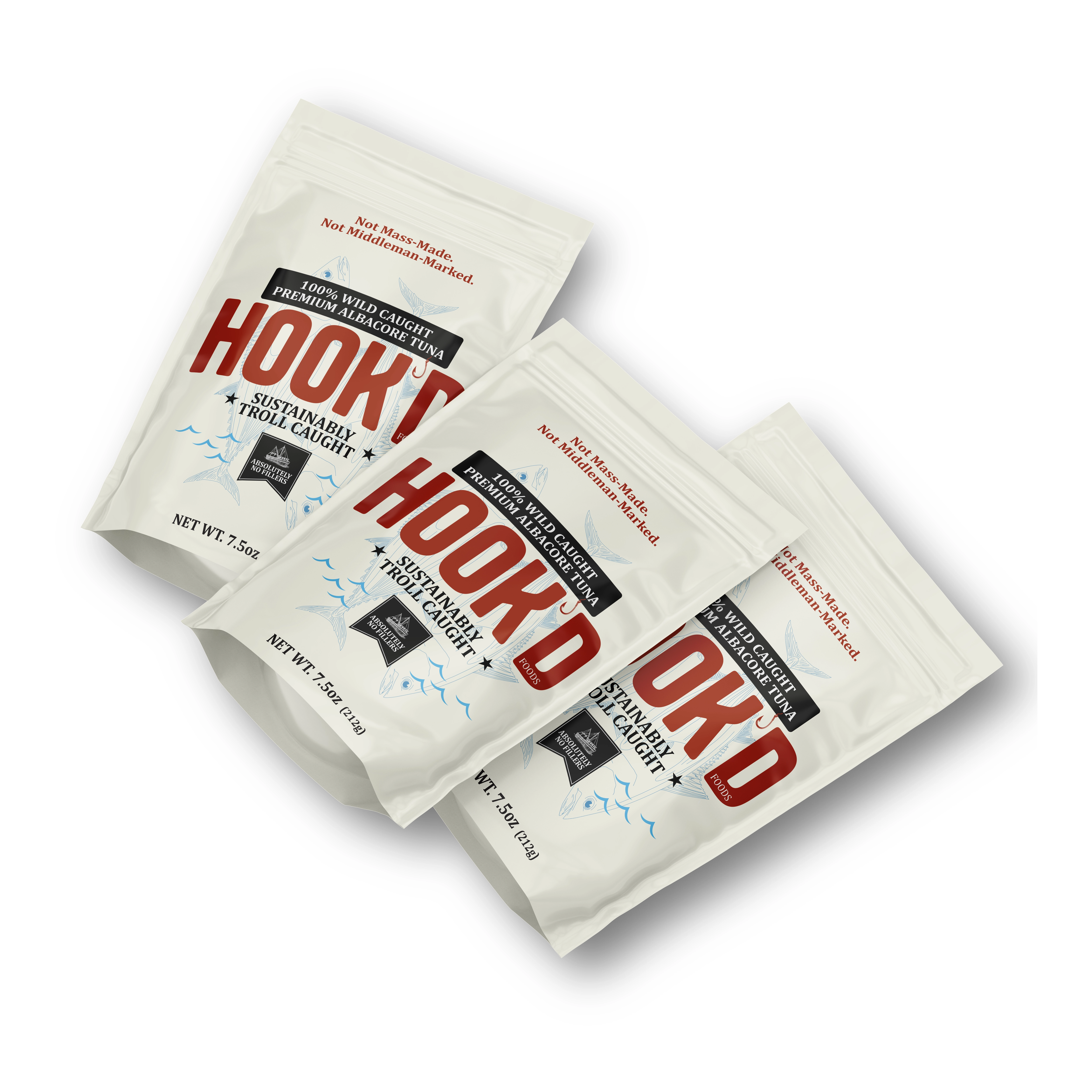 Hook'd wild caught albacore tuna can showing sustainably troll-caught labeling and 7.5 oz net weight.