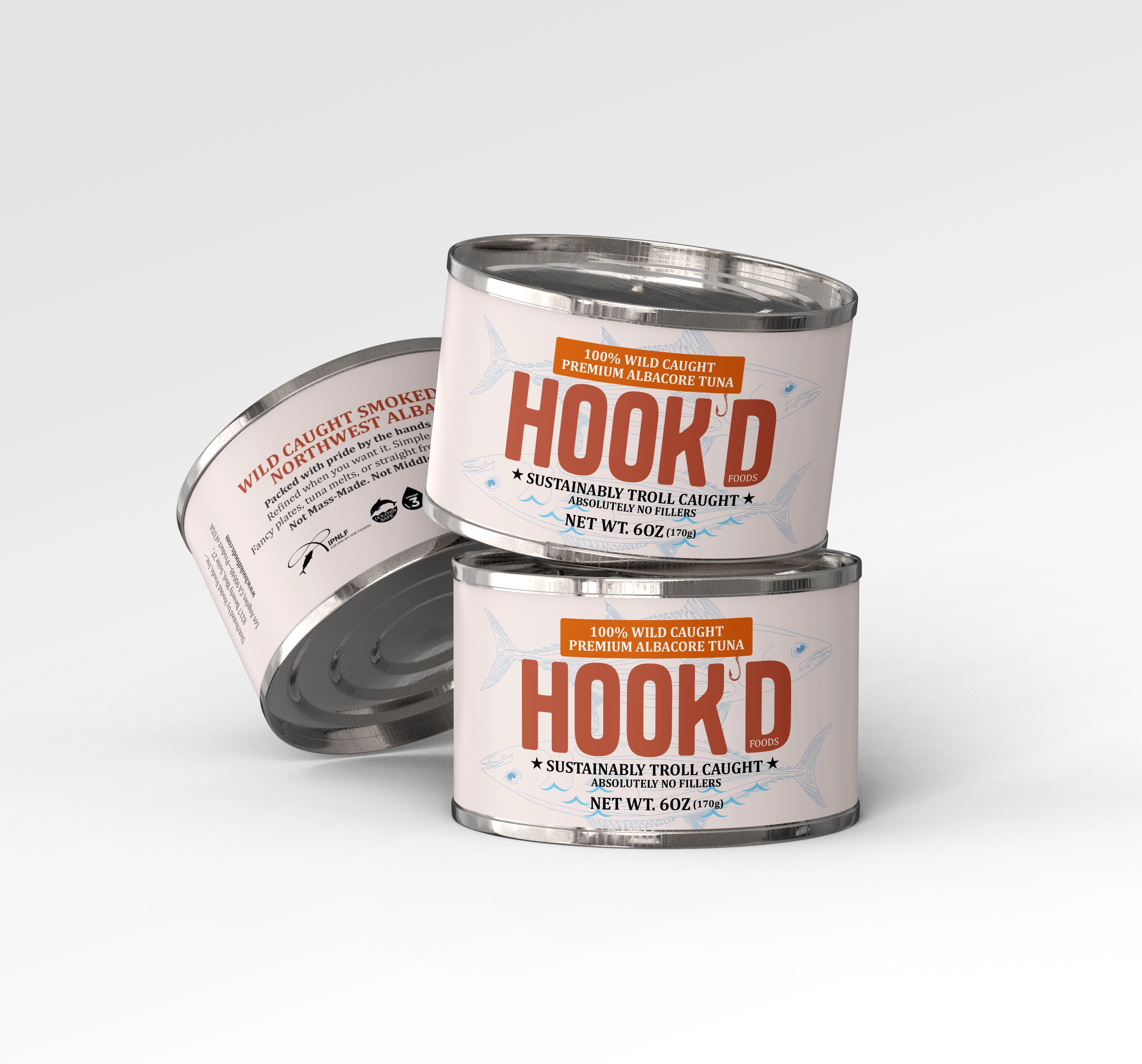 Hook'd wild caught albacore tuna can showing sustainably troll-caught labeling and 7.5 oz net weight.