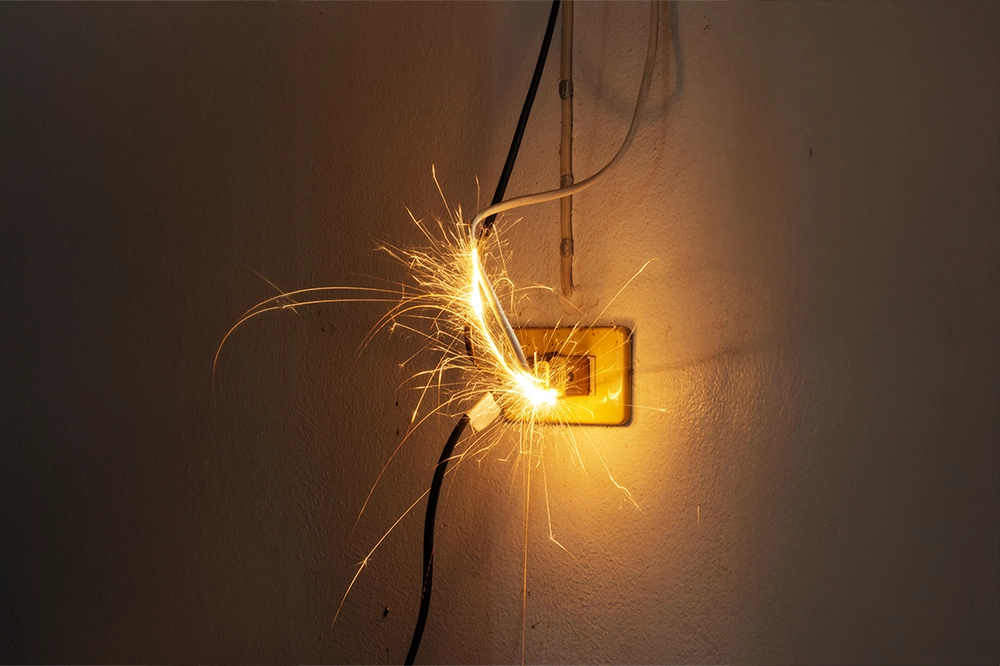 Electrical short circuit causing sparks at wall outlet