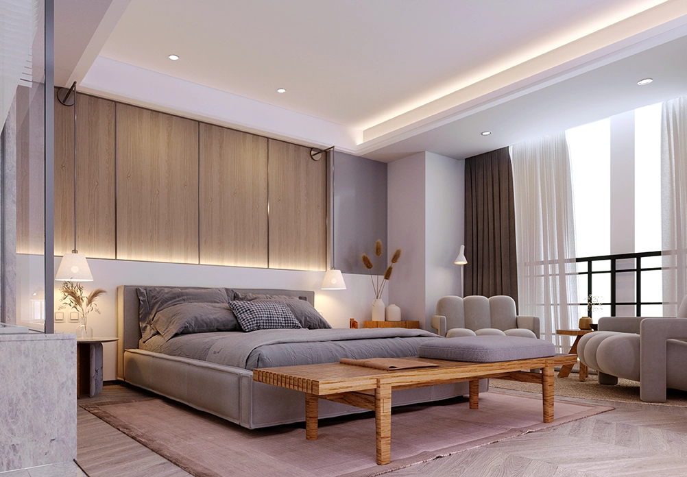 Modern bedroom with recessed ceiling lights and warm ambient lighting