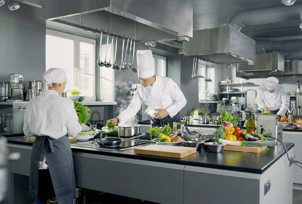 Chefs working in a professional commercial kitchen with stainless steel equipment
