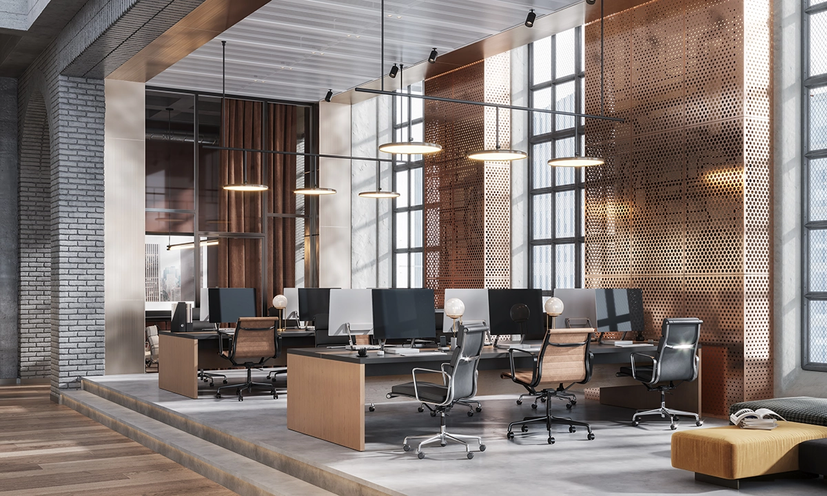 Contemporary office space with large windows and rows of desks
