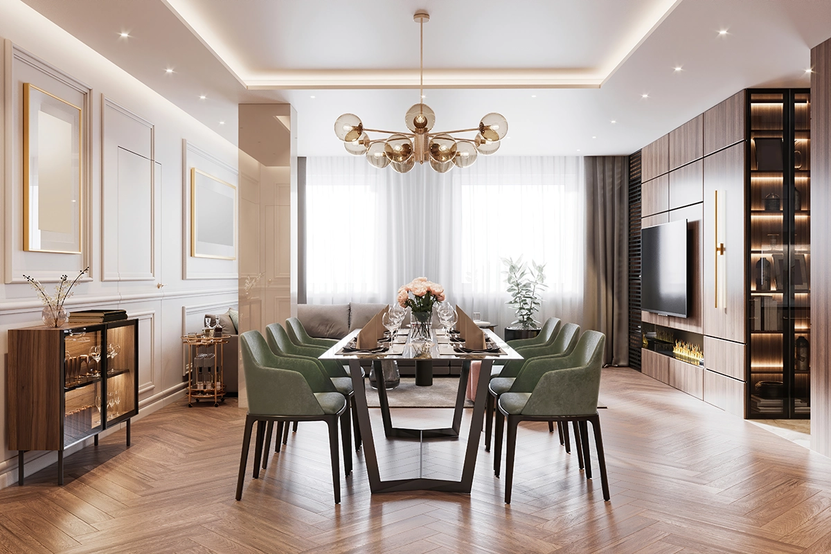 Dining room with wooden table and pendant lights in modern home