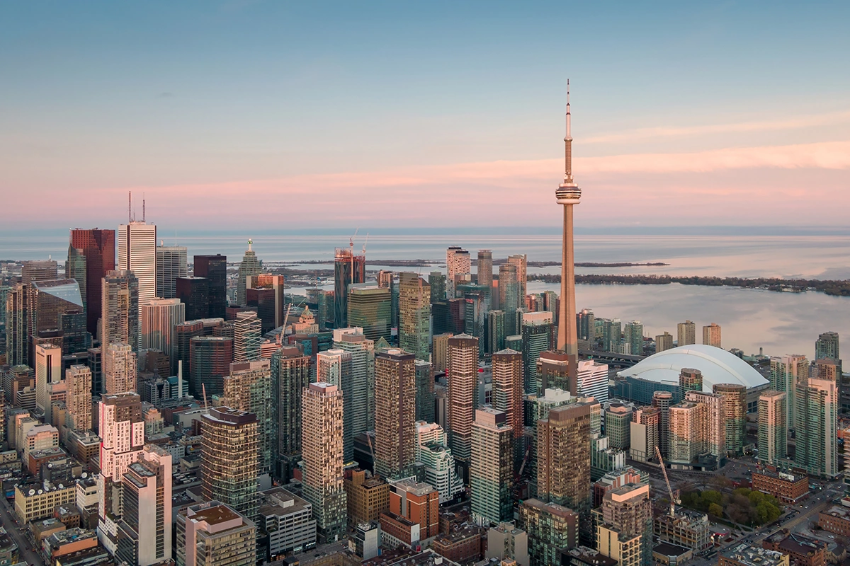 Aerial view of Toronto skyline at sunset with CN Tower