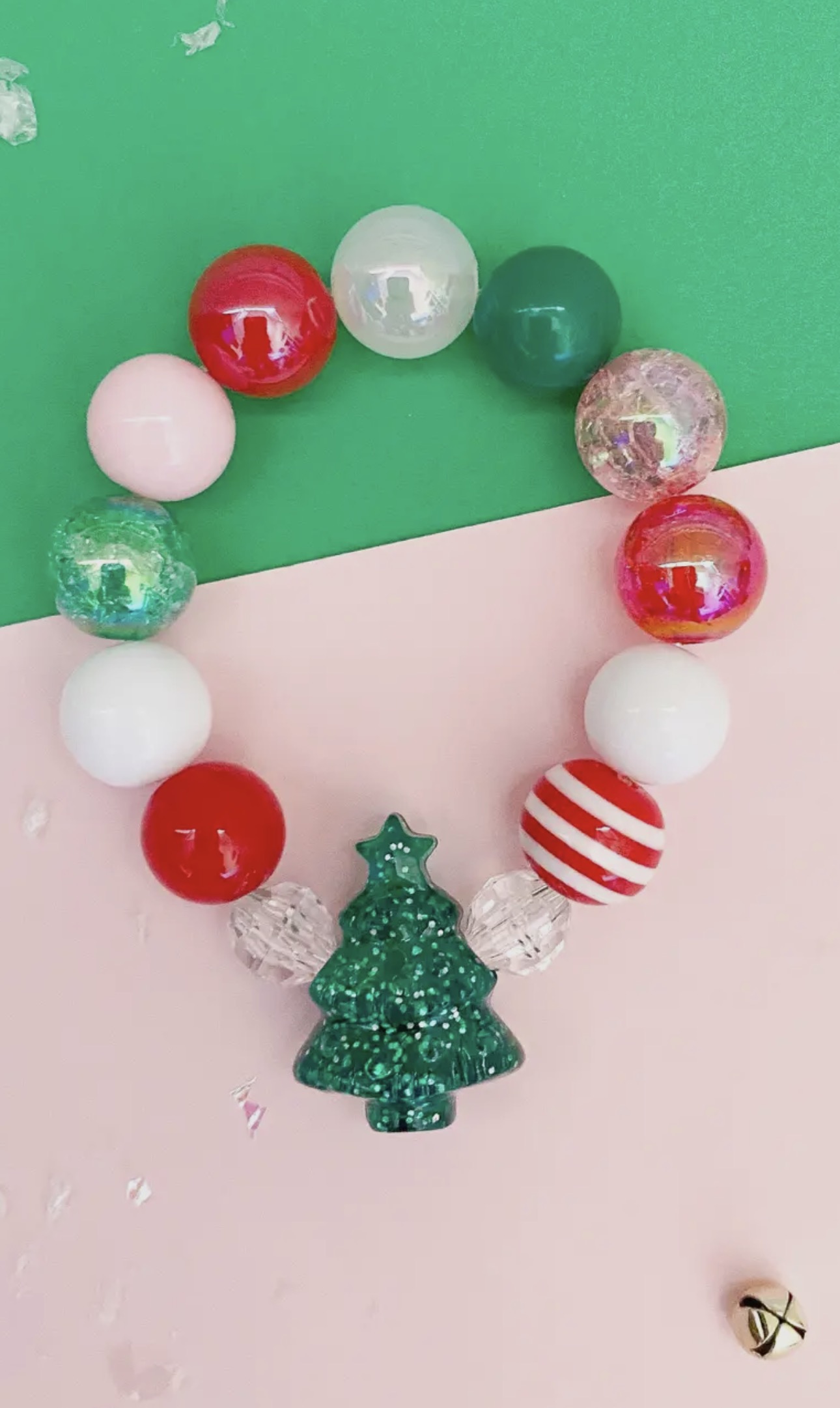 Kids Christmas Green Tree Holiday Beads Bracelet