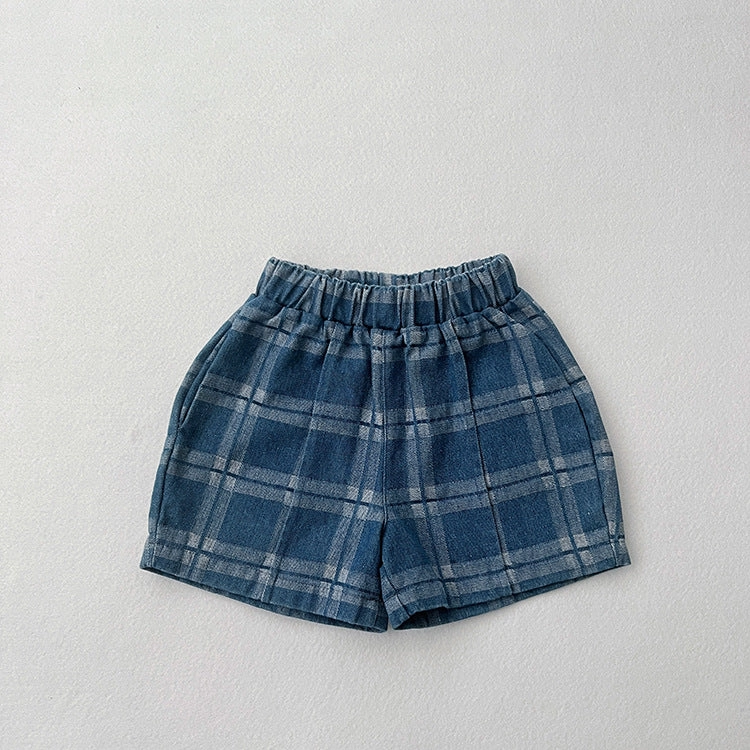 My Kids - USA - Baby Denim Blue Plaid Pattern Loose Shorts - Blue 