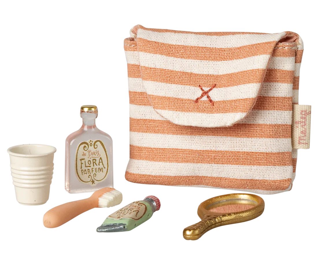 Maileg - Toothbrush set in bag mouse - Coral Stripe 