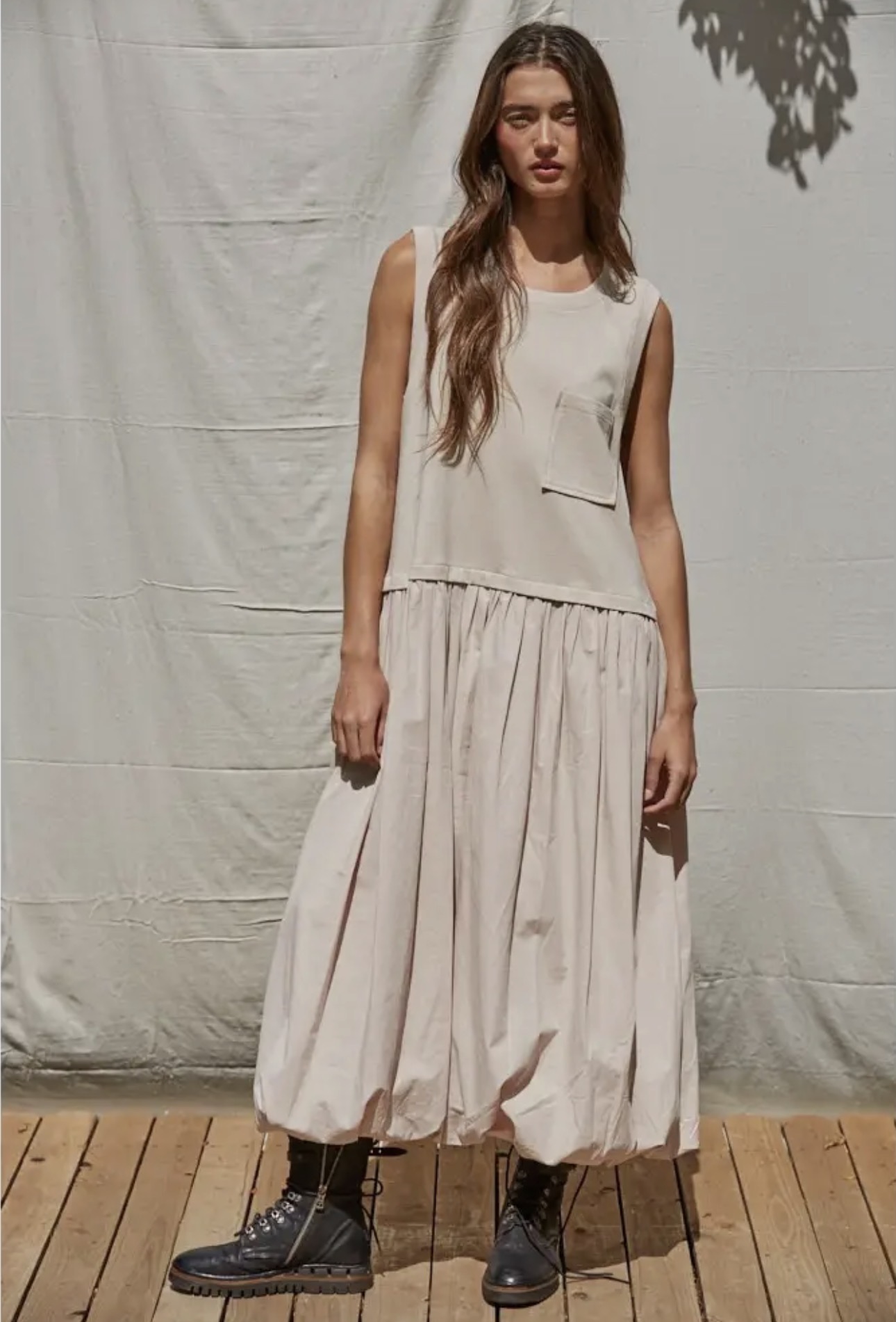 By Together-| Knit Cotton Drop Waist Bubble Hem Midi Dress