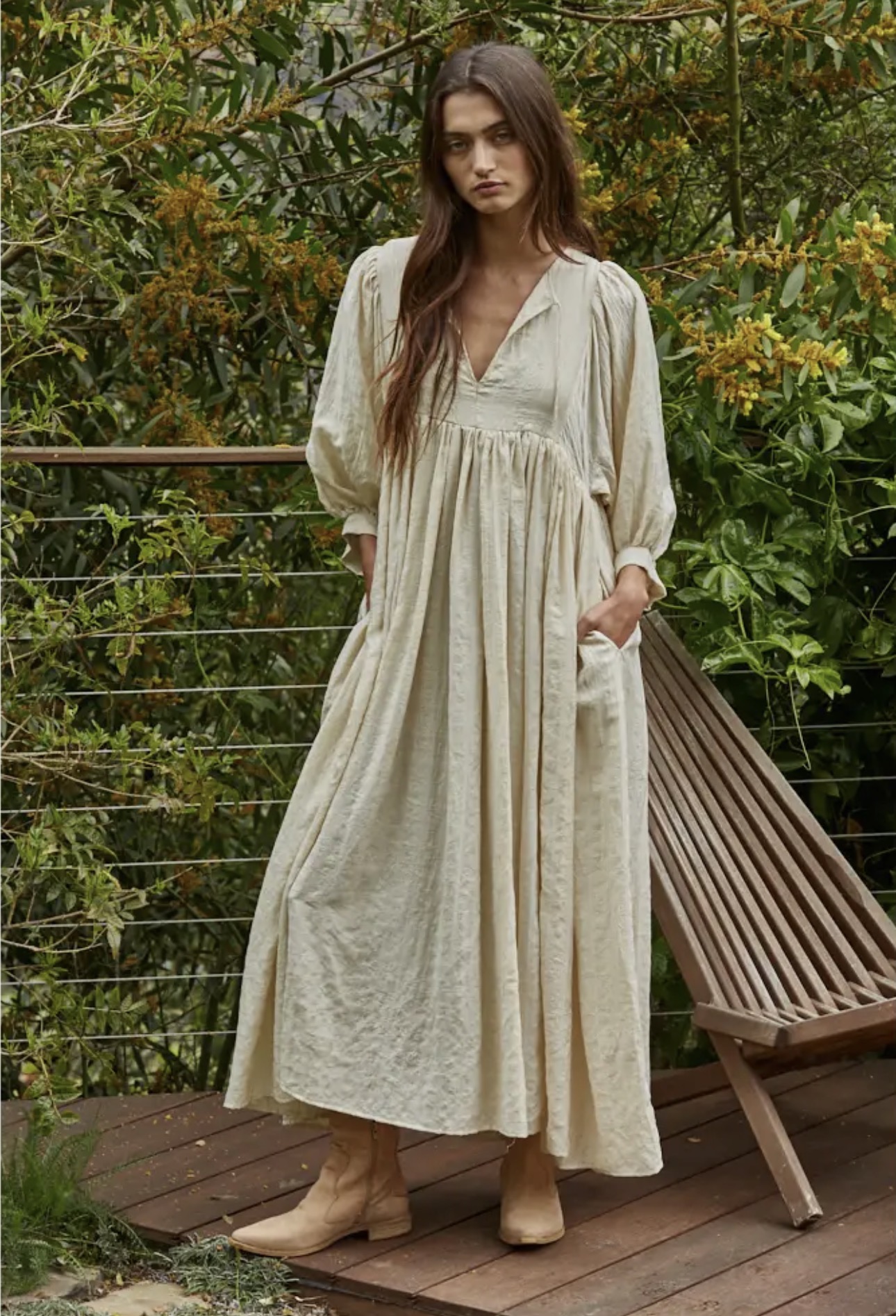 By Together -Tencel Round Neck Long Sleeve Flare Maxi