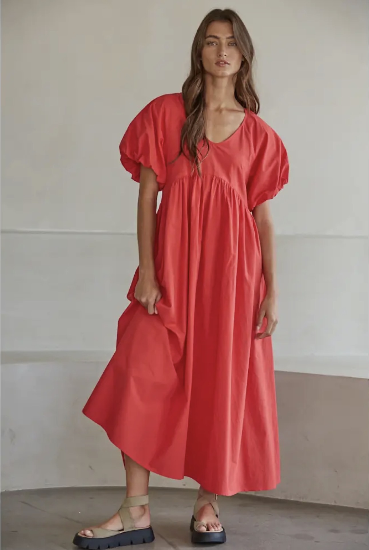 By together-| Woven Cotton V-Neck Short Puff Sleeve Maxi Dress