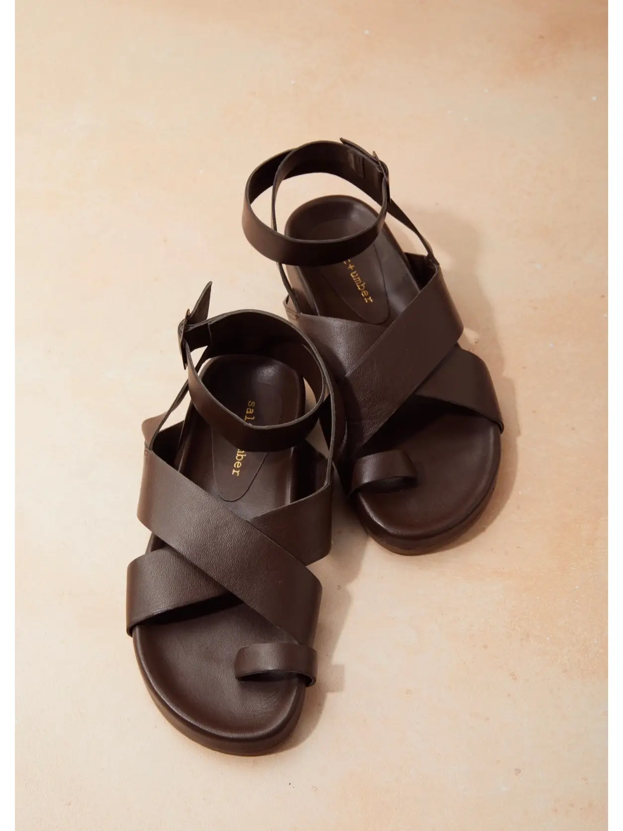 Salt and Umber-Camilla-Brown Toe Loop Ankle Strap Leather Footbed Sandal