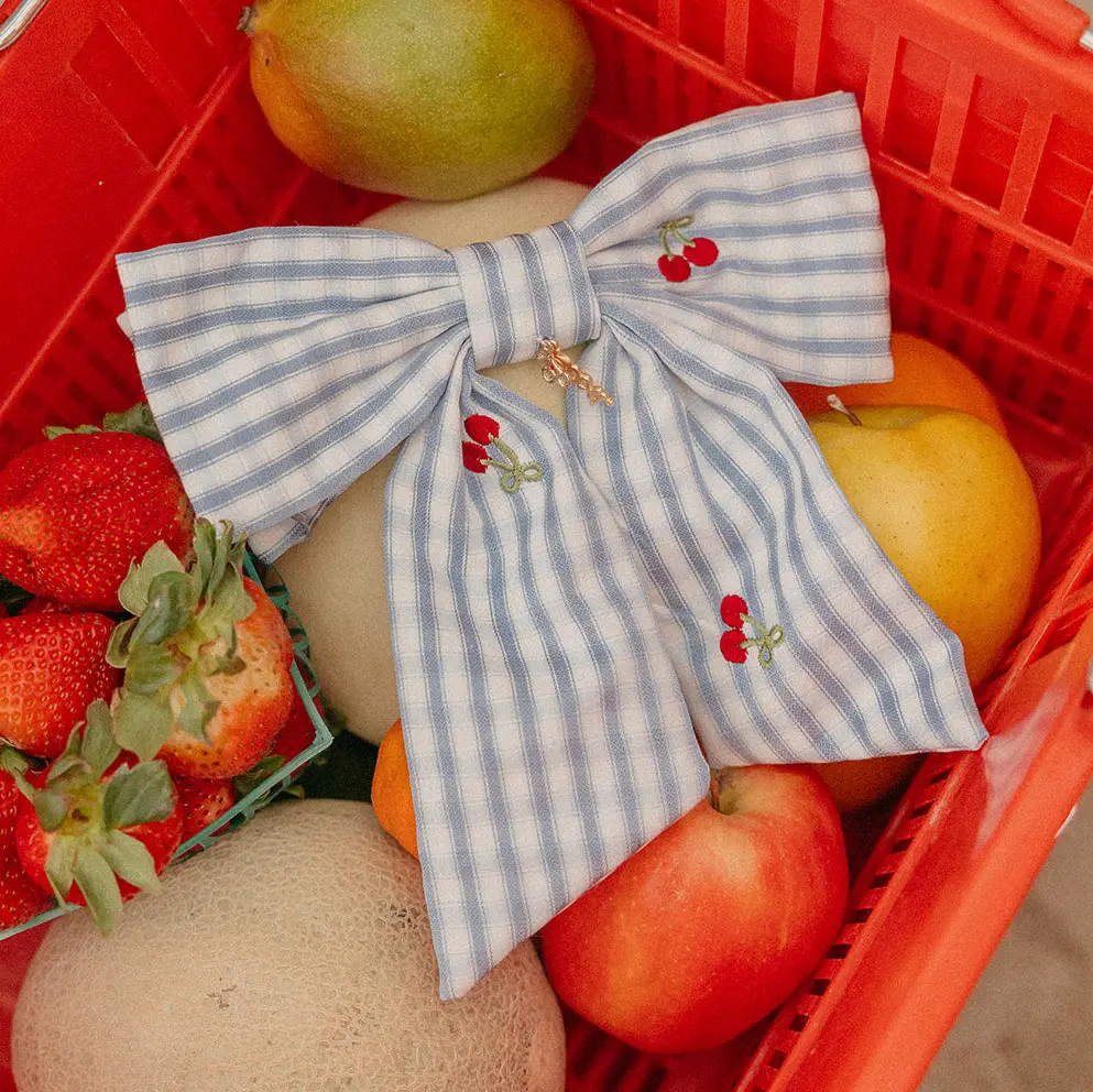Kaxi- cherry blue gingham midi hair bow
