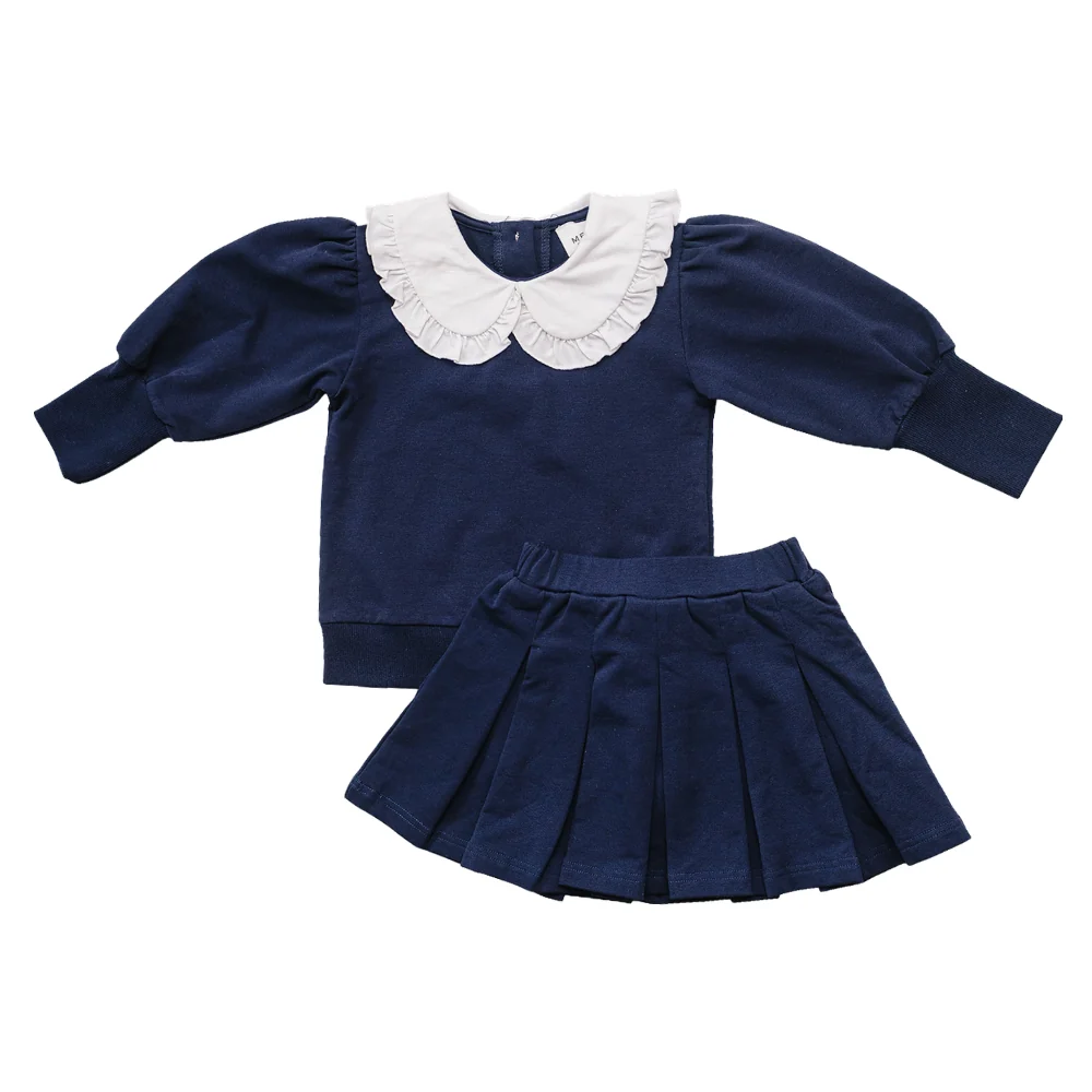 Mebie Baby - Navy Peter Pan Collar Pleated Skirt Set 