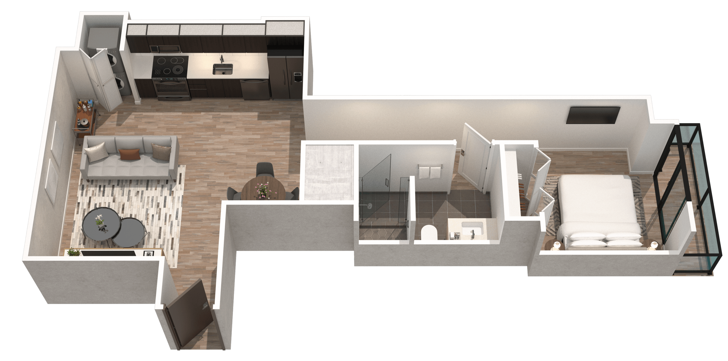 Relájese en esta elegante suite de un dormitorio con una cama king size, cocina completa, bañera estilo spa y balcón con vista a la bahía de Biscayne y a la noria de observación de Miami».