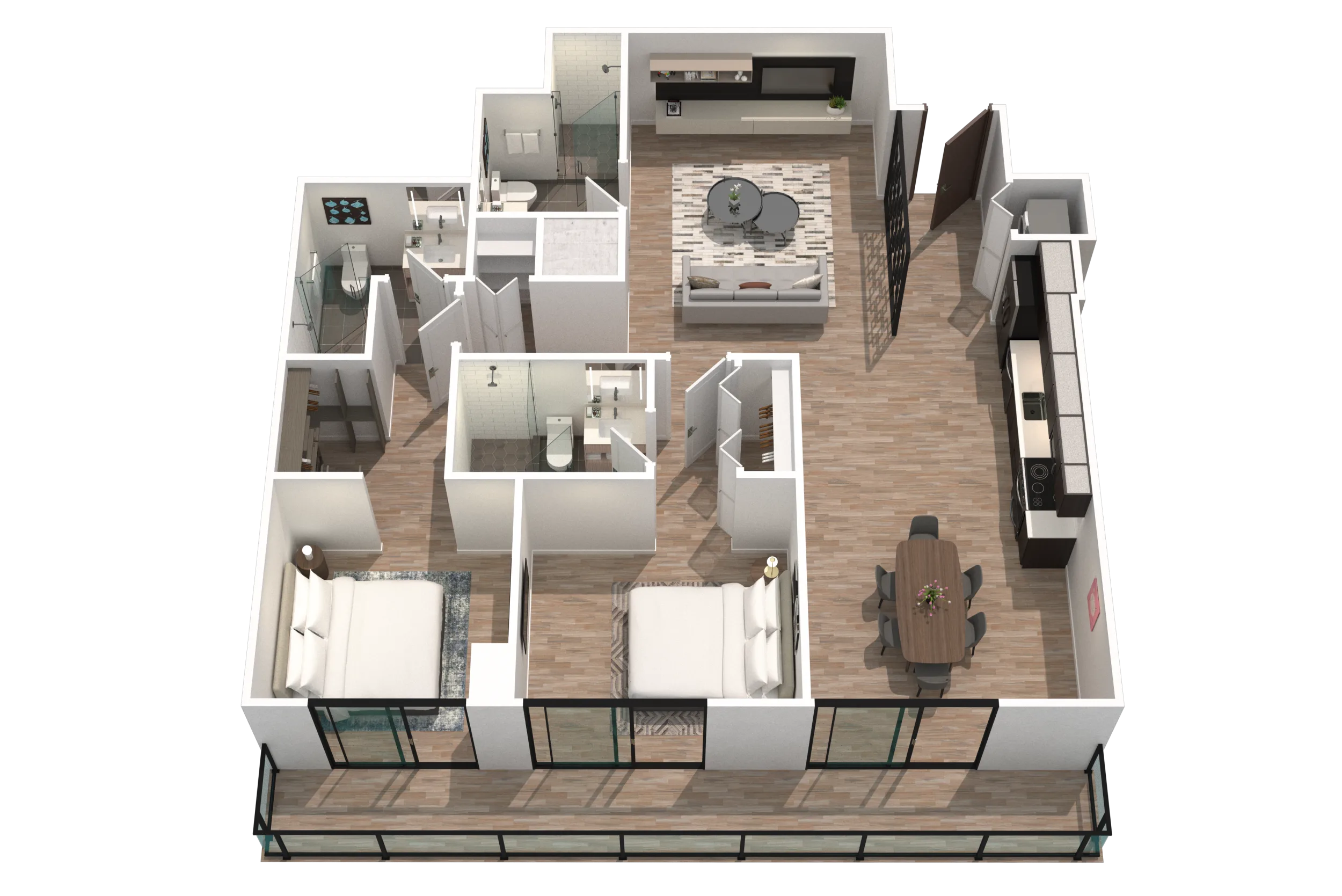 Las vistas panorámicas de la bahía crean el escenario en esta espaciosa suite de dos dormitorios con una cocina completa, baños estilo spa y acogedoras salas de estar.