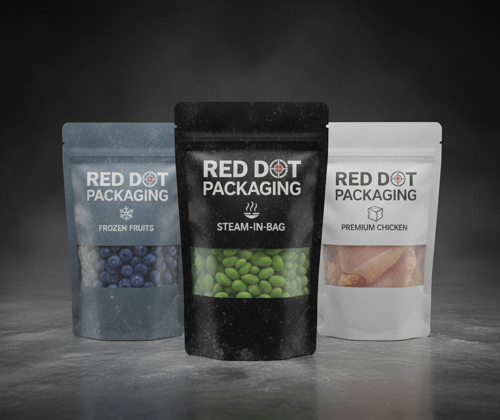 Frozen food packaging pouch varieties from Red Dot Packaging including fruits, vegetables, and chicken.
