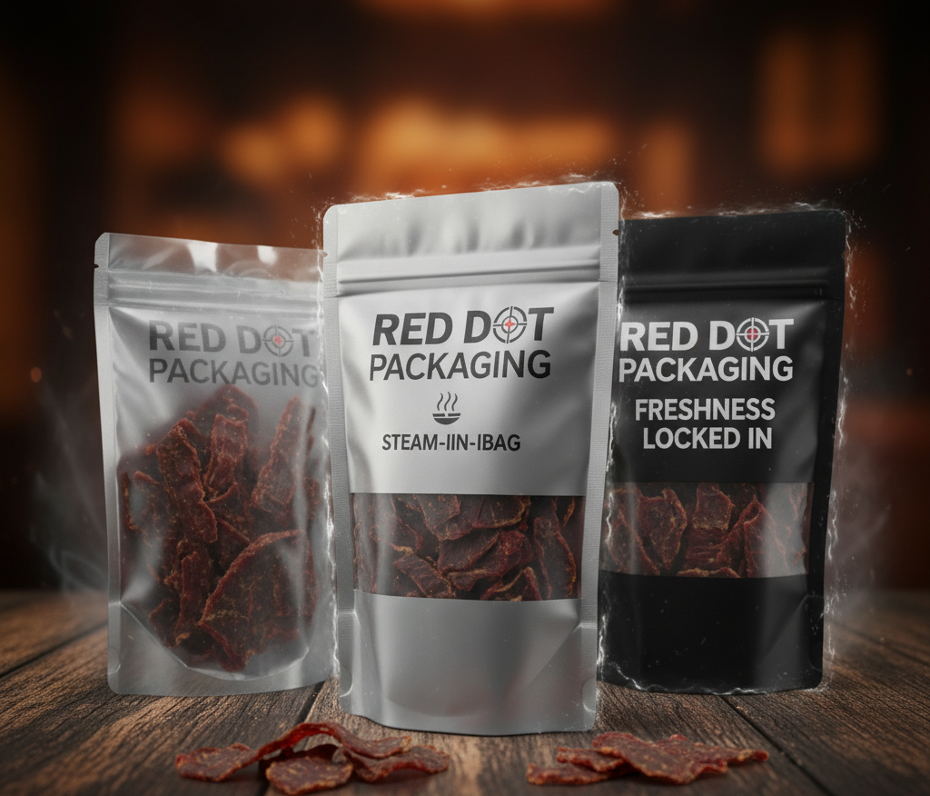 Barrier bags for beef jerky packaging featuring Red Dot Packaging
