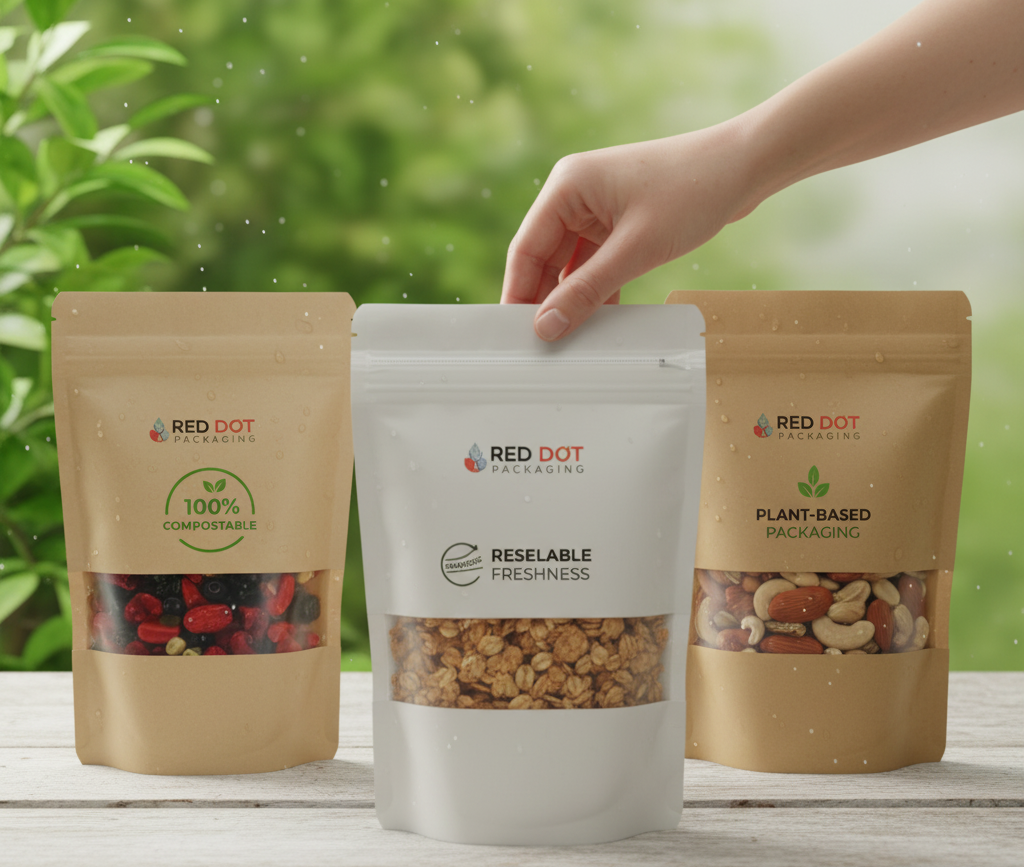 Eco-friendly compostable packaging and resealable food pouches for sustainable storage