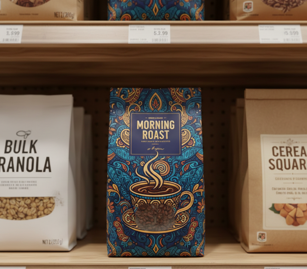 Unique product packaging of Morning Roast coffee with colorful design, showcasing branding food packaging