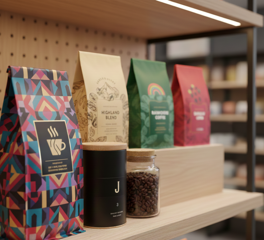 Branded and private label coffee bags with custom printed designs on a wooden shelf showcasing coffee packaging ideas