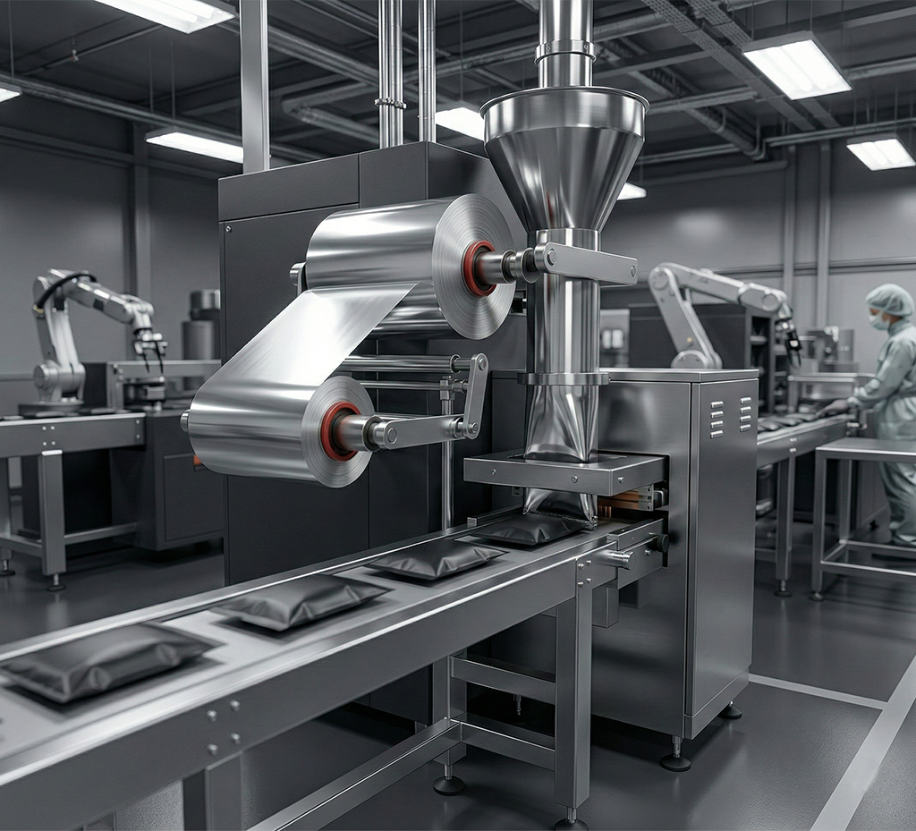Packaging machine using rollstock packaging for flexible films