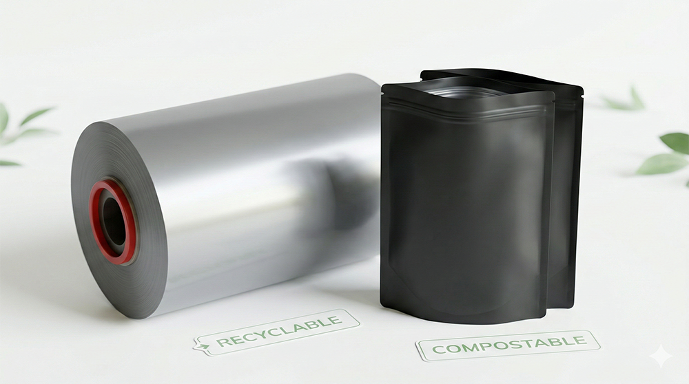 Eco-friendly rollstock packaging with stand-up pouch for custom cannabis pouches