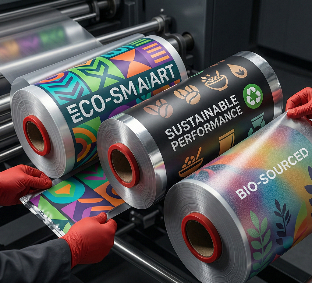 Rollstock packaging films with branding designs and eco-friendly messages
