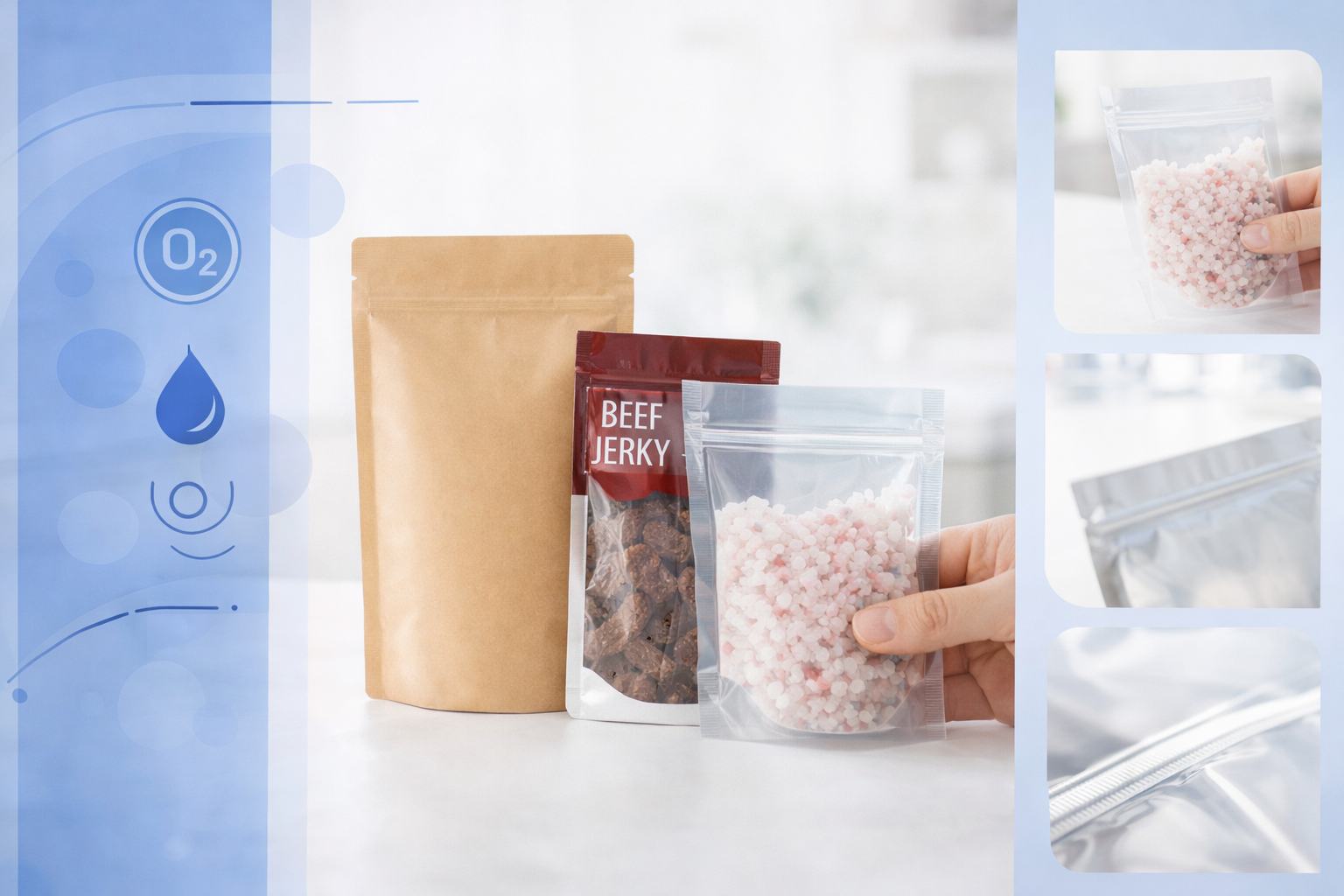 Flexible packaging bags showcasing moisture barrier and matte finish.
