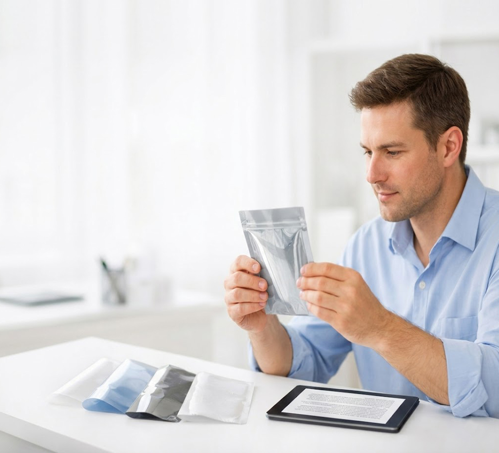 Person examining moisture barrier packaging for barrier protection.