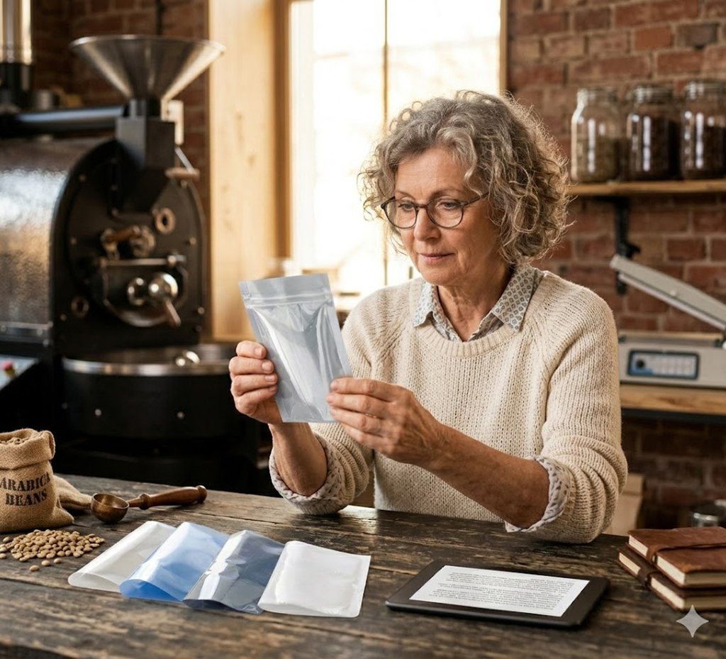 Person examining coffee packaging options