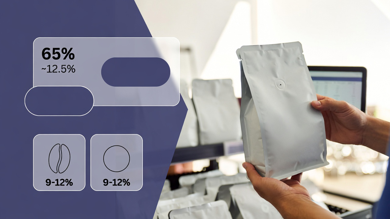 Hand holding a white stand-up pouch with custom coffee packaging