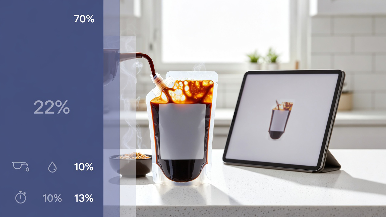 Spouted stand-up pouch being filled with liquid next to tablet display