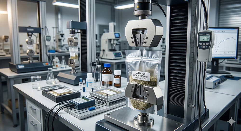 Laboratory equipment testing the seal strength of food packaging material.