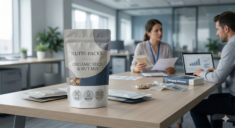 Organic nut mix packaging showcased in an office meeting setting.