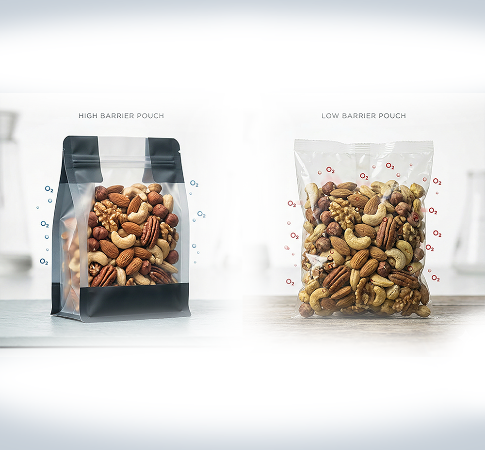High barrier pouch and low barrier pouch with mixed nuts showcasing packaging differences.