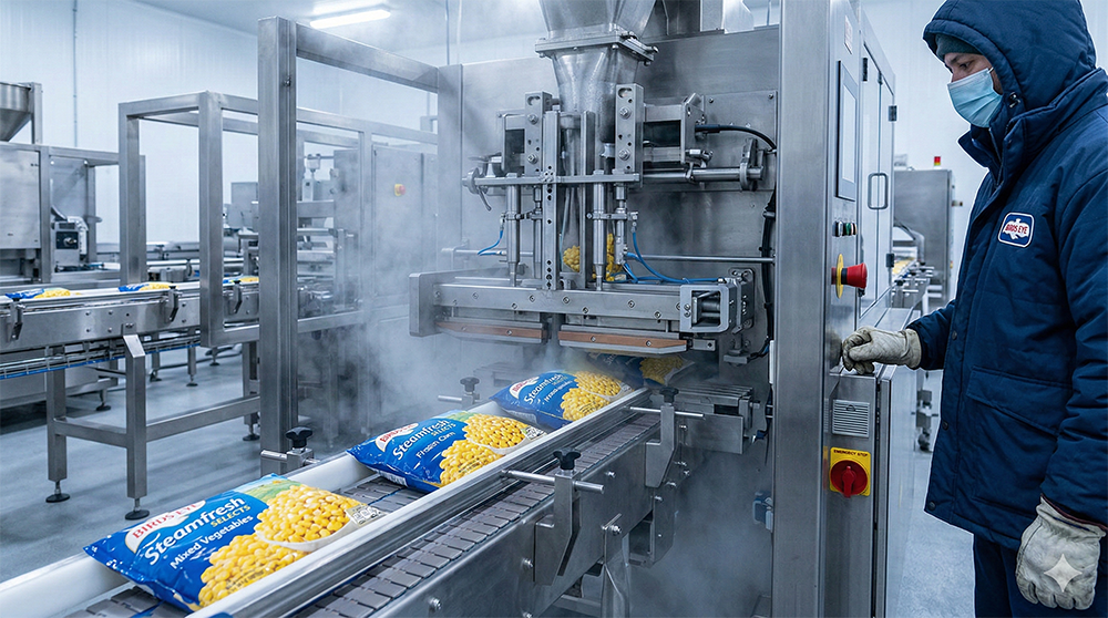 Sealing custom frozen food packaging bags in a factory